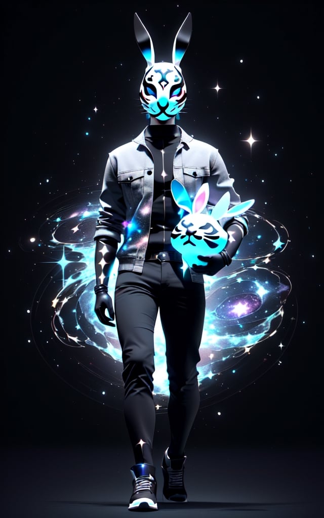 solo_male, feminine, solo, skinny, (slim), simple background, gloves, animal ears, full body, (black skin), grey background, glowing, no pupils, (human_lip), starry sky print, (white rabbit mask:1.2), (black tribal celestial clothes:1.2), dinamic photo, mystic, 3d render, unreal engine,Celestial Skin,