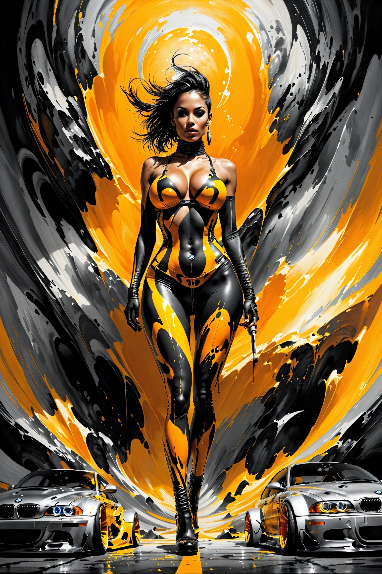 Ultra wide photorealistic image, custom design, graffiti, racing serial number, fast stripes, full BMW e46 coupe futuristic tuning car, highway, skull outline. Realistic sexy naked girl with giant breasts and perfect naked figure. Giant cybernetic abstract, rocky path, black and yellow to orange gray, ink flow - 8k photorealistic masterpiece - by Aaron Horkey and Jeremy Mann - detail. liquid gouache: Jean Baptiste Mongue: calligraphy: acrylic: color watercolor, cinematic lighting, maximalist photo illustration: marton Bobzert: 8k concept art, intricately detailed realism, complex, elegant, vast, fantastic and psychedelic, dripping with color, sci-fi, photo r3al,cyborg style,Extremely Realistic,orgasmface,painted world