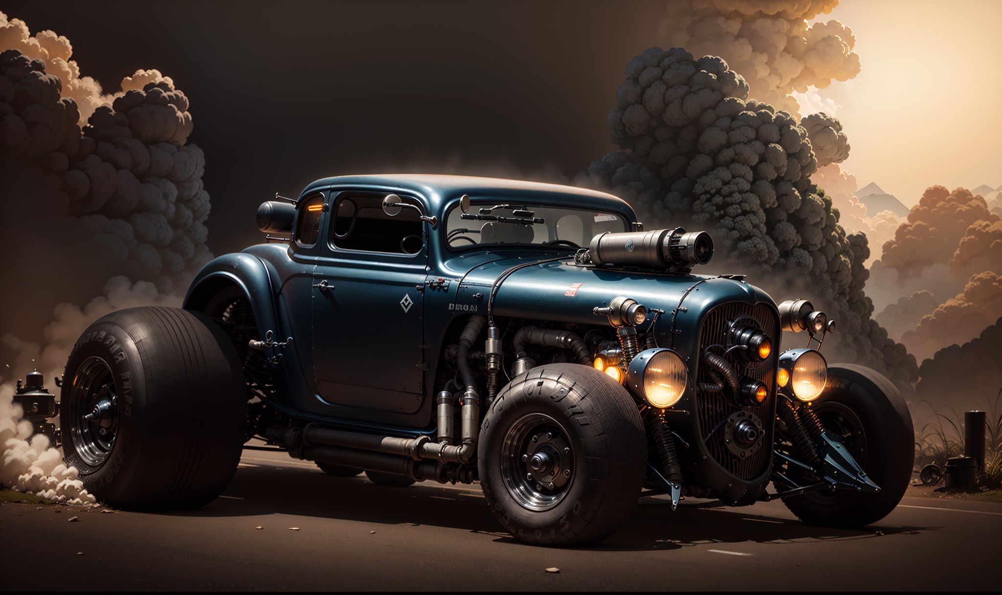 1932s retro futuristic dieselpunk armored Black Hot Rod car racing down a country road