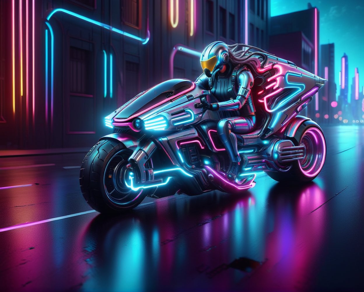 Wide angel view of a person riding a motorcycle on a city street, sitting on cyberpunk motorbike, riding a futuristic motorcycle, cyber neon lights, cyber neon lighting, cyberpunk futuristic neon, cyber neon lightings, cyberpunk with neon lighting, neon cyberpunk, futuristic motorcycle, cyberpunk neon, futuristic neon, neon cyberpunk style, cyberpunk neon lights, neon cyberpunk vibrant colors, daniel maidman octane rendering, futuristic vehicles, concept design art octane render, anime art vehicle concept art, cyberpunk futuristic neon, cycles 3 d render, futuristic vehicle,nlgtstyle,chrometech,surface imperfections