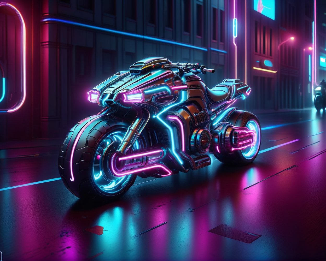 Wide angel view of a person riding a motorcycle on a city street, sitting on cyberpunk motorbike, riding a futuristic motorcycle, cyber neon lights, cyber neon lighting, cyberpunk futuristic neon, cyber neon lightings, cyberpunk with neon lighting, neon cyberpunk, futuristic motorcycle, cyberpunk neon, futuristic neon, neon cyberpunk style, cyberpunk neon lights, neon cyberpunk vibrant colors, daniel maidman octane rendering, futuristic vehicles, concept design art octane render, anime art vehicle concept art, cyberpunk futuristic neon, cycles 3 d render, futuristic vehicle,nlgtstyle,chrometech,surface imperfections