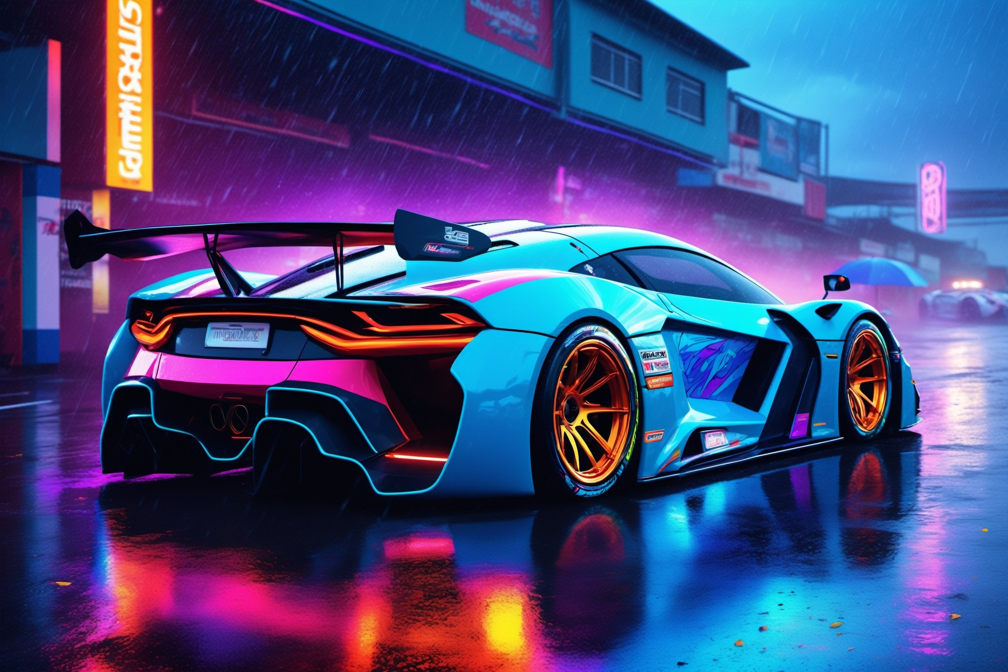 (digital artwork), EV Super car, wide body kit, modified car, racing livery, raining masterpiece, best quality, realistic, ultra highres, depth of field, (full dual colour neon lights:1.2), (hard dual colour lighting:1.4), (detailed background), (masterpiece:1.2), (ultra detailed), (best quality), intricate, comprehensive cinematic, magical photography, (gradients), colorful, detailed landscape, visual key,