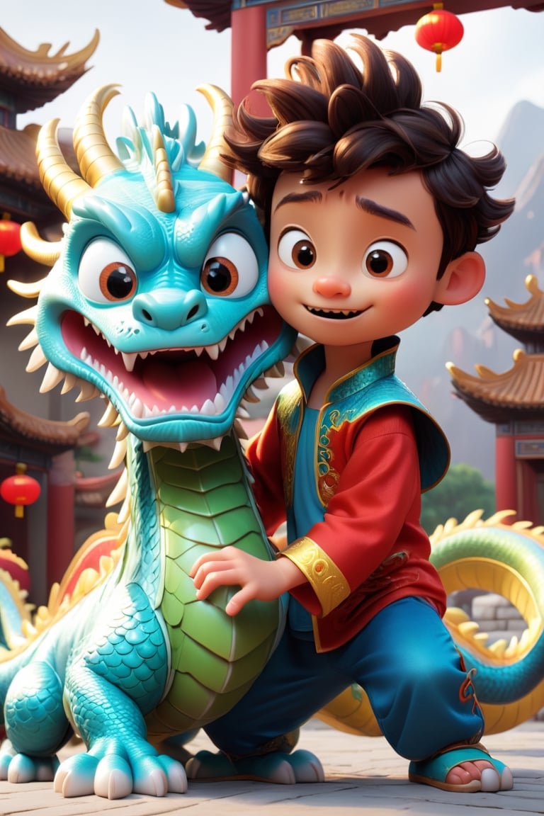 a boy playing with a funny and cute Chinese dragon.  Pixar style