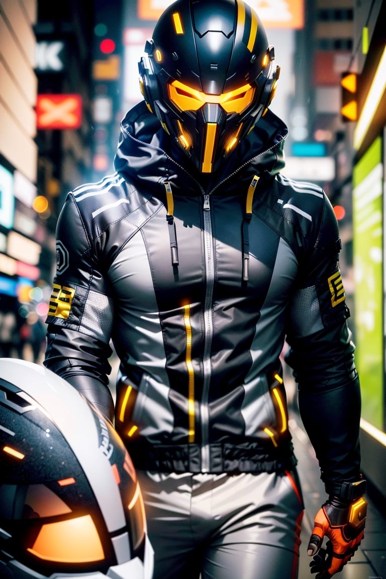 (there is a man in a helmet and a jacket), (masterpiece, best quality, 8K, high detailed) male, adult male, muscular male, muscular, faceless, faceless male, (masked, futuristic mask, futuristic helmet, cyberpunk mask, cyberpunk helmet, helmet cover all of face, mask covering all of face), racer suit, grey longpants,