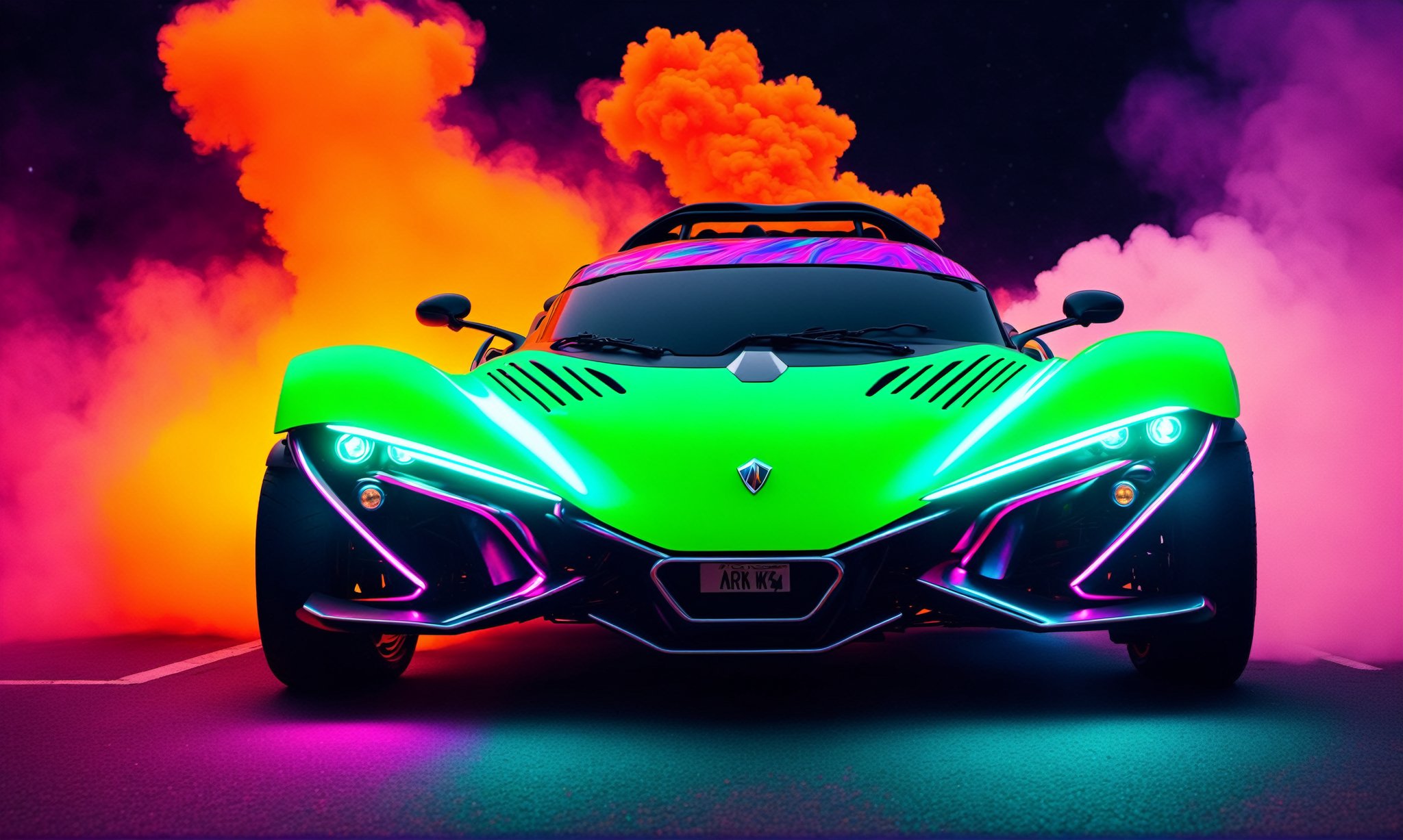 front  view, ultra relistic,  of a green ariel nomad  with headlights on, a light bar on the roof shining bright beams of white light ,  background of colorful smoke , ✏️🎨, 8k stunning artwork, vapor wave, neon smoke, hyper colorful, stunning art style, car with holographic paint, amazing wallpaper, futuristic art style, 8 k highly detailed ❤🔥 🔥 💀 🤖 🚀4k phone wallpaper, inspired by Mike Winkelmann, ,H effect