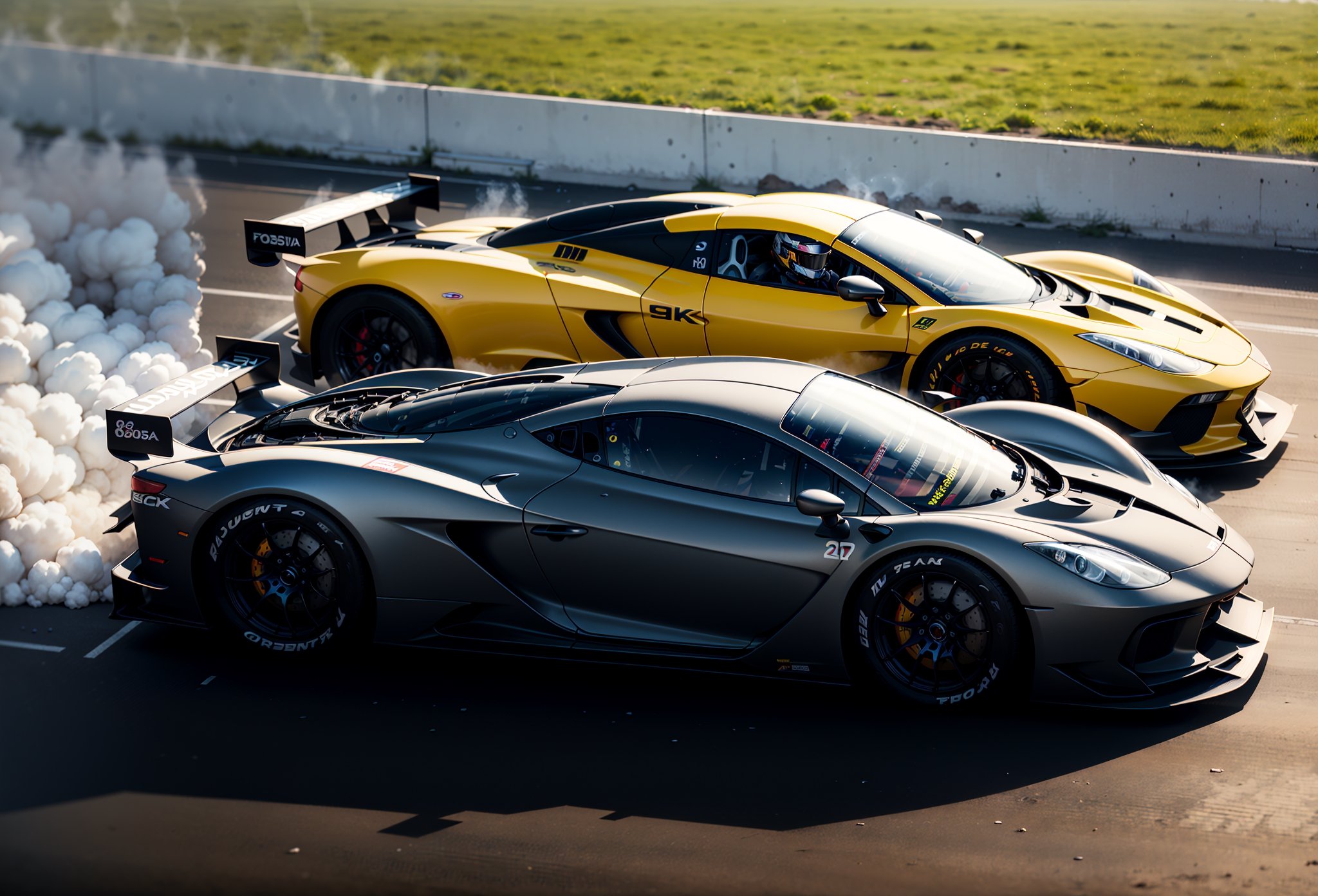 2 Sport Racing Cars on the Racing track, bleachers blurred and blurred from the speed in the background, focusing on Racing Cars, the background is blurred due to the high speed of Racing Cars, Racing Cars overtake each other and race, smoke from burning tires is coming from under the wheels of Racing Cars, realistic, artistic photo, Racing Cars are shown in detail, action scene, high resolution 8k, shallow depth of field f/2.8, shutter speed 1/25, yellow-black colors.