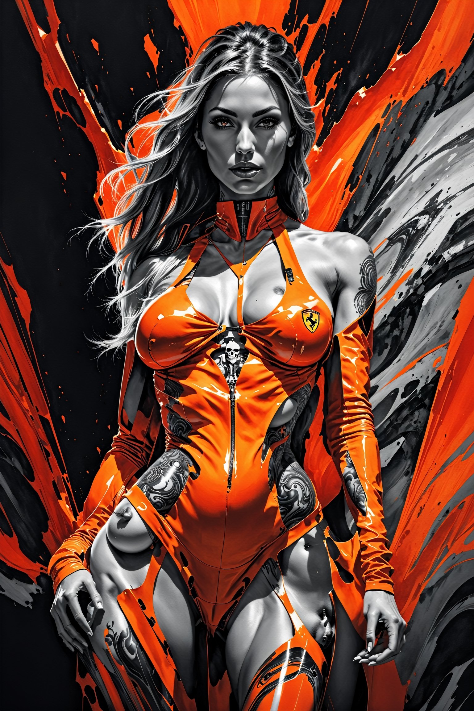 Ultra wide photorealistic image, custom design, graffiti, racing serial number, fast stripes, full Ferrari SF90 Stradale futuristic tuning car, highway, skull outline. Realistic sexy naked girl with giant breasts and perfect naked figure. Giant cybernetic abstract, rocky path, black and red to orange gray, ink flow - 8k photorealistic masterpiece - by Aaron Horkey and Jeremy Mann - detail. liquid gouache: Jean Baptiste Mongue: calligraphy: acrylic: color watercolor, cinematic lighting, maximalist photo illustration: marton Bobzert: 8k concept art, intricately detailed realism, complex, elegant, vast, fantastic and psychedelic, dripping with color, sci-fi, photo r3al,cyborg style,Extremely Realistic,orgasmface,painted world