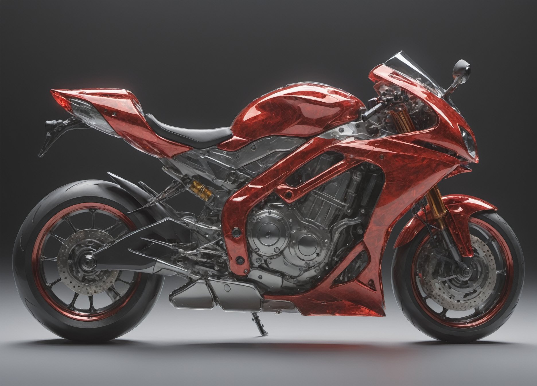 Masterpiece, ultra-definition, super detailed, perfect drawing, 1  transparent SPORT race motocycle with headlight on white lights , Colored red, silver and black carbonfiber, Industrial design, clean, Luminous neon lit,  red background, Surrealism, UHD, high details, best quality, 2K