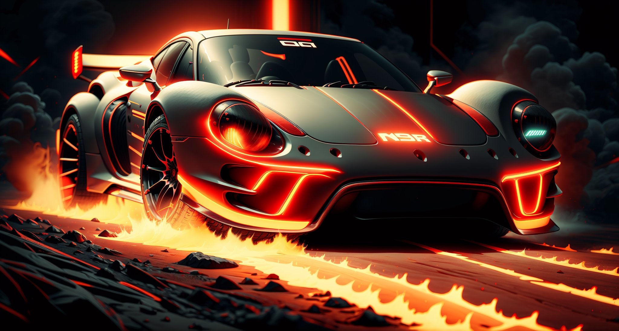 Full of action scenes, Neon RED PORSCHE race car wide body race stripesstrong lighting, Dynamic camera angles, cinema experience, fast paced sport, drama composition, bright colors, High-resolution visuals, dramatic storytelling, wide format cinema lens, immersive atmosphere
,MagmaTech