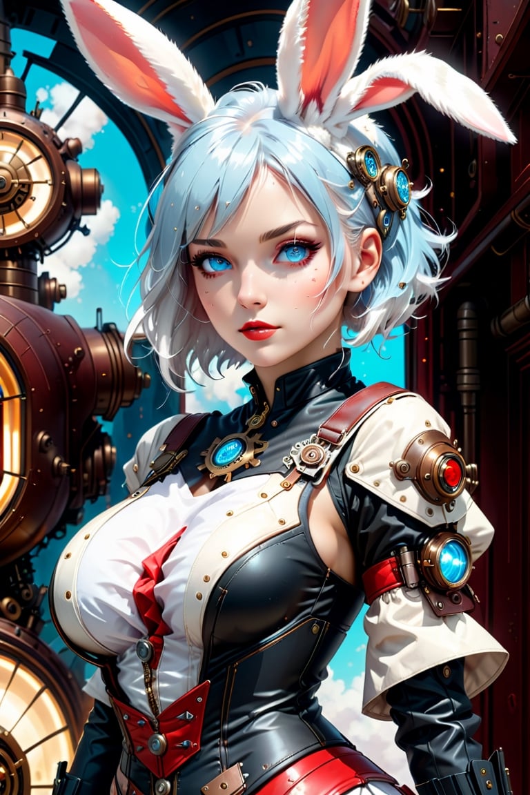 A hyper realistic detailed full body image of a feminine in a steampunk space Nuka USA Girl and dark fantasy theme, ((sexy woman)) who has ((energetic light blue eyes)), ((bunny girl with white hair)) with ((sexy red and white outfit)) with ((white bunny ears)), balayage wild short hair, fun face expression, highly detailed, digital painting, HD quality, ((huge breast)), ((sexy)) space girl| standing alone on hill| centered| detailed gorgeous face| anime style| key visual| intricate detail| highly detailed| breathtaking| vibrant| panoramic| cinematic| Carne Griffiths| Conrad Roset| ghibli,cyborg style,portraitart,cyborg