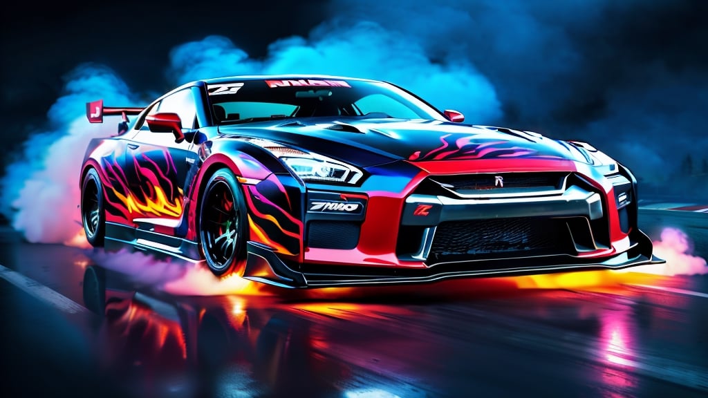 Race cars in a high speed street race (best quality,4k,8k,highres,masterpiece:1.2),ultra-detailed, ((a customized car)), ((street racer)), ((a beautiful paintjob)), ((fully detailed)), illustration, vivid colors, GTR, NSX,  Drifting, going fast, night, bright yellow headlights,setting USA Oregon's Mountain roads, No text on signs, Late night time, Set in a rain storm with lightning,1 car.,Nature, model shoot style, Fast action style, Sideways drifting in to a turn, Red and black cars, ,Movie Still,H effect,Car,sports car