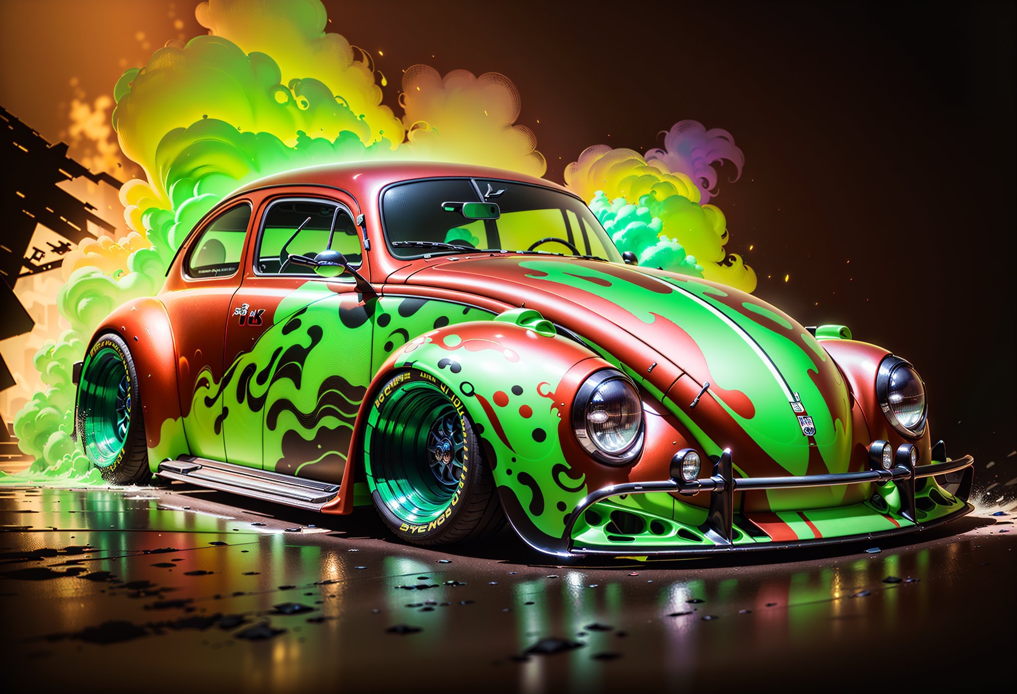 a (((hyper-realistic))), (((32k UHD masterpiece in the style of a cinematic art piece))). The focal point is a futuristic "race car muscle new beetle"