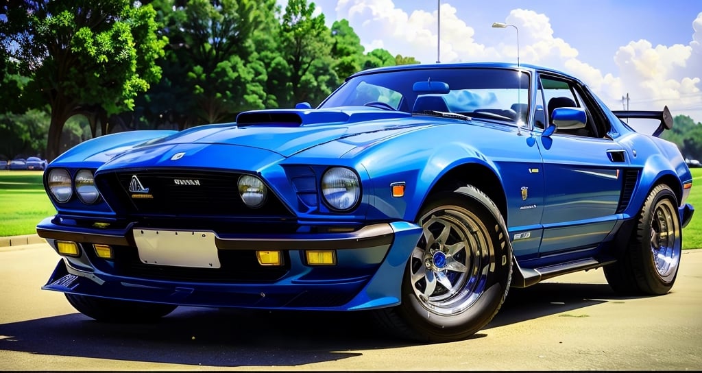 A beautiful car from the 80s, the car is seen from the front, beautiful grille with a cobra head in the middle, airbrush paint