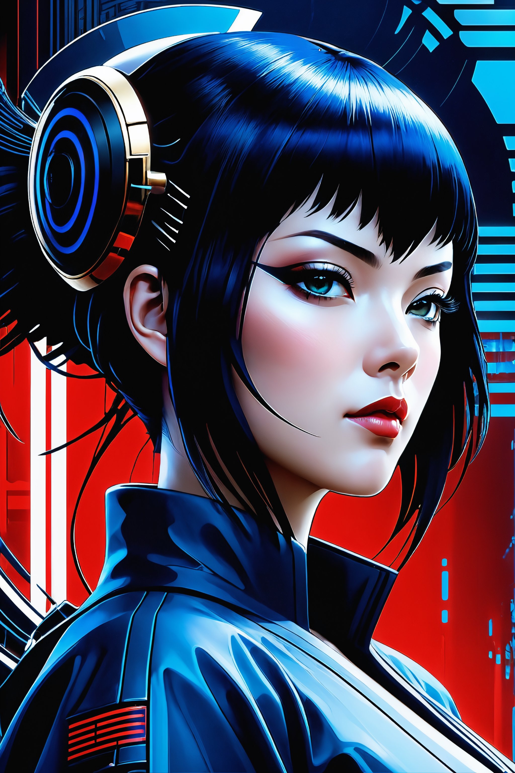 Ghost in the Shell Vol.2 - Assassin Geisha, by Luis Duarte, Luis Duarte style, blue and black shading, Neo-Tokyo style, Element Air, Mythpunk, Graphic Interface, Sci-Fic Art, Dark Influence, NijiExpress 3D v3, Kinetic Art, Datanoshing, Oilpainting, Ink v3, Splash style, Abstract Art, Abstract Tech, Cyber Tech Elements, Futuristic, Illustrated v3, Deco Influence, AirBrush style, drawing