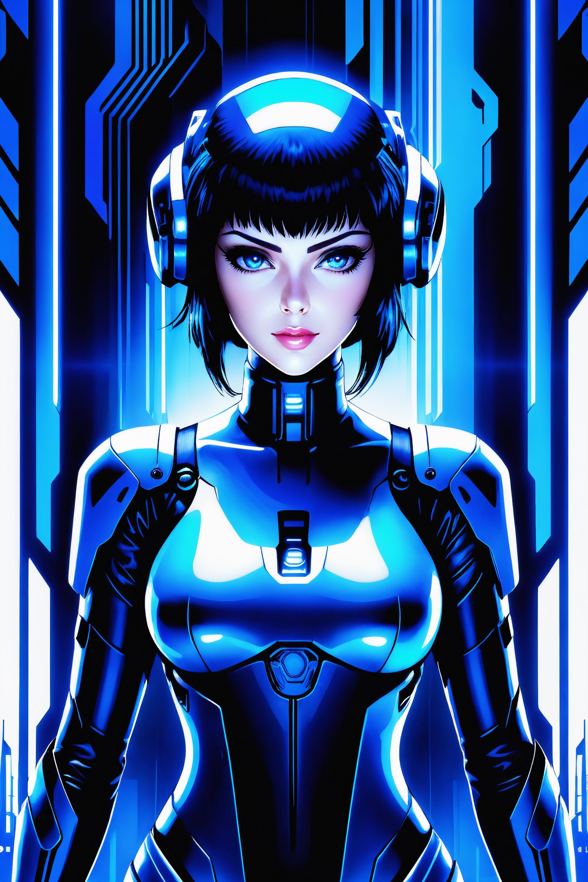 Ghost in the Shell Vol.2, by Luis Duarte, Luis Duarte style, blue and black shading, Neo-Tokyo style, Element Air, Mythpunk, Graphic Interface, Sci-Fic Art, Dark Influence, NijiExpress 3D v3, Kinetic Art, Datanoshing, Oilpainting, Ink v3, Splash style, Abstract Art, Abstract Tech, Cyber Tech Elements, Futuristic, Illustrated v3, Deco Influence, AirBrush style, drawing