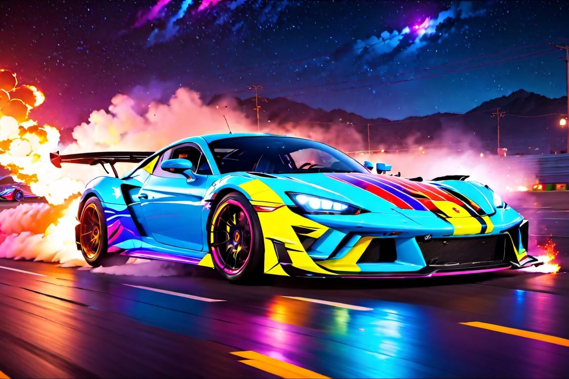 angelic sports car, blue and white colors, bright sky, colorful beautiful mountain, sharp, clouds, detailed car body ,ethereal art, detailed tires, fire scene, more detail, (masterpiece, best quality, ultra-detailed, 8K), race car, street racing-inspired,Drifting inspired, LED, ((Twin headlights)), (((Bright neon color racing stripes))), (Black racing wheels), Wheelspin showing motion, Show car in motion, Burnout,  wide body kit, modified car,  racing livery, masterpiece, best quality, realistic, ultra highres, (((depth of field))), (full dual colour neon lights:1.2), (hard dual color lighting:1.4), (detailed background), (masterpiece:1.2), (ultra detailed), (best quality), intricate, comprehensive cinematic, magical photography, (gradients), glossy, Night with galaxy sky, Fast action style, fire out of tail pipes, Sideways drifting in to a turn, Neon galaxy metalic paint with race stripes, GTR Nismo, NSX, Porsche, Lamborghini, Ferrari, Bugatti, Ariel Atom, BMW, Audi, Mazda, Toyota supra, Lamborghini Aventador,  aesthetic,intricate, realistic,cinematic lighting, Neon Paint, streaks of fire,c_car,more detail XL,mecha,Concept Cars,DonMPl4sm4T3chXL ,Sexy,vaporwave style,Comic Book-Style 2d,spcrft,3d toon style