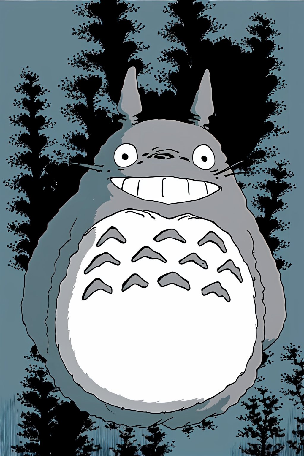 totoro smiling ,black and white,creepy, terror,
opening your mouth