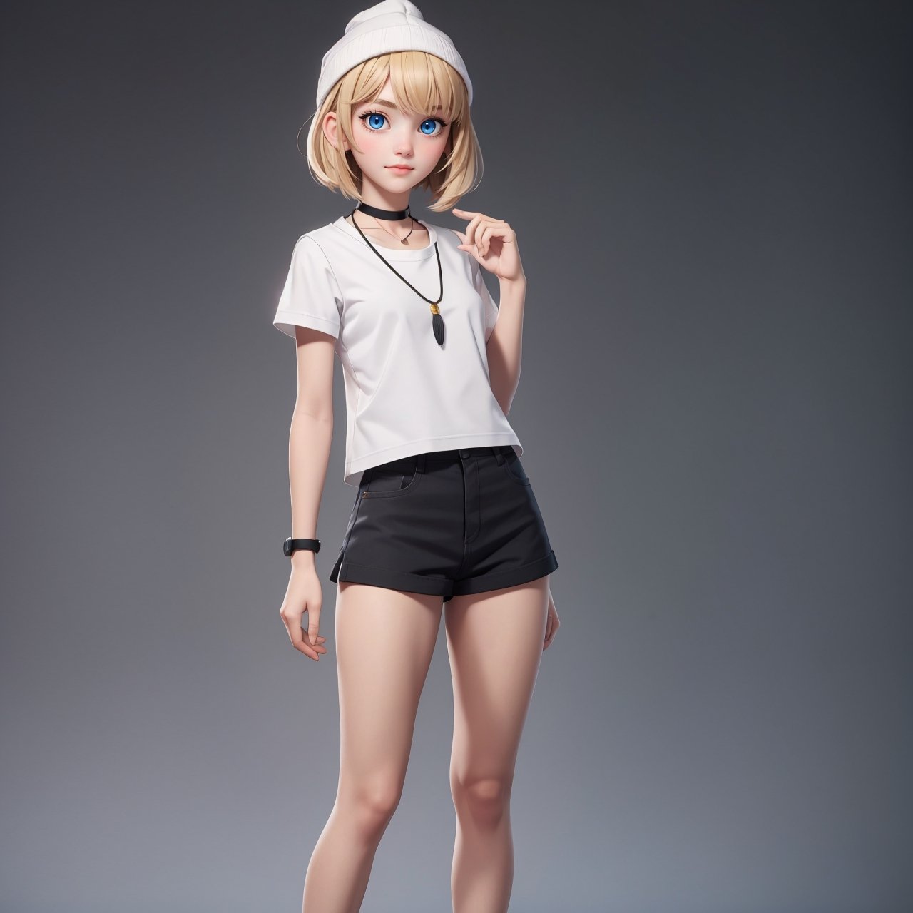 character sheet, good hands, full body, looking to the camera, good body, 19 year old body, sexy pose, full body, arcane style, yellow background, semi-long blonde straight bob style hair, black fabric necklace, thin legs, white skin color, novelty festival beanie with sock ears in black, teen girl, crinkle beach shirt in white