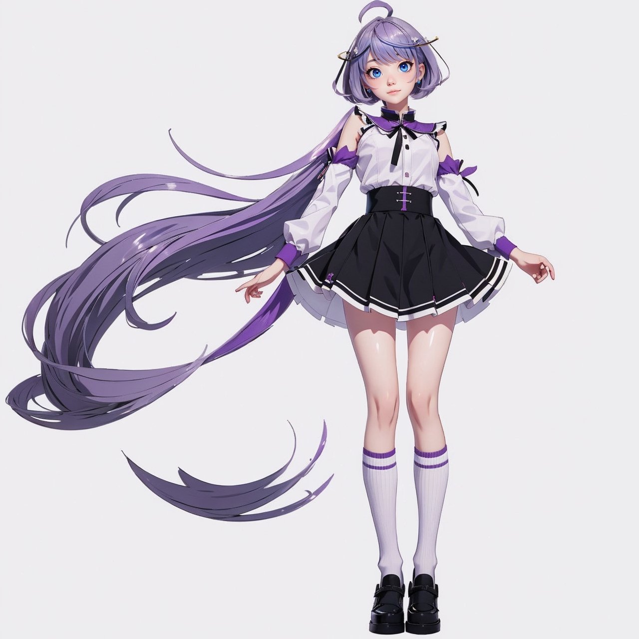 girl with straight lilac purple hair,white school socks, black school clothes black , black skirt ,High detailed ,nanakusa nazuna,Color magic, white background,shoulder_length_hair, full_body,destiny /(takt op./)