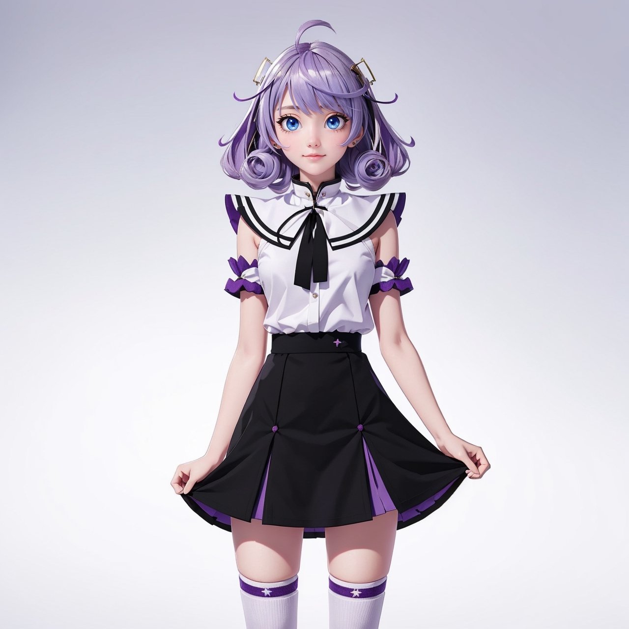 girl with straight lilac purple hair,white school socks, black school clothes black , black skirt ,High detailed ,nanakusa nazuna,Color magic, white background,shoulder_length_hair, full_body,destiny /(takt op./)