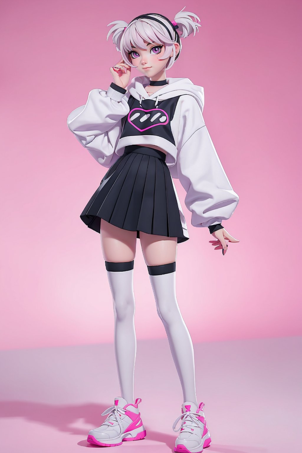 pink eyes, black tights, white hair, wide white sweatshirt, white skin, full body, 18 year  slim old girl, wavy bob hairstyle with pigtails, good hands, good body,nanakusa nazuna, full body,
skirt,neon palette