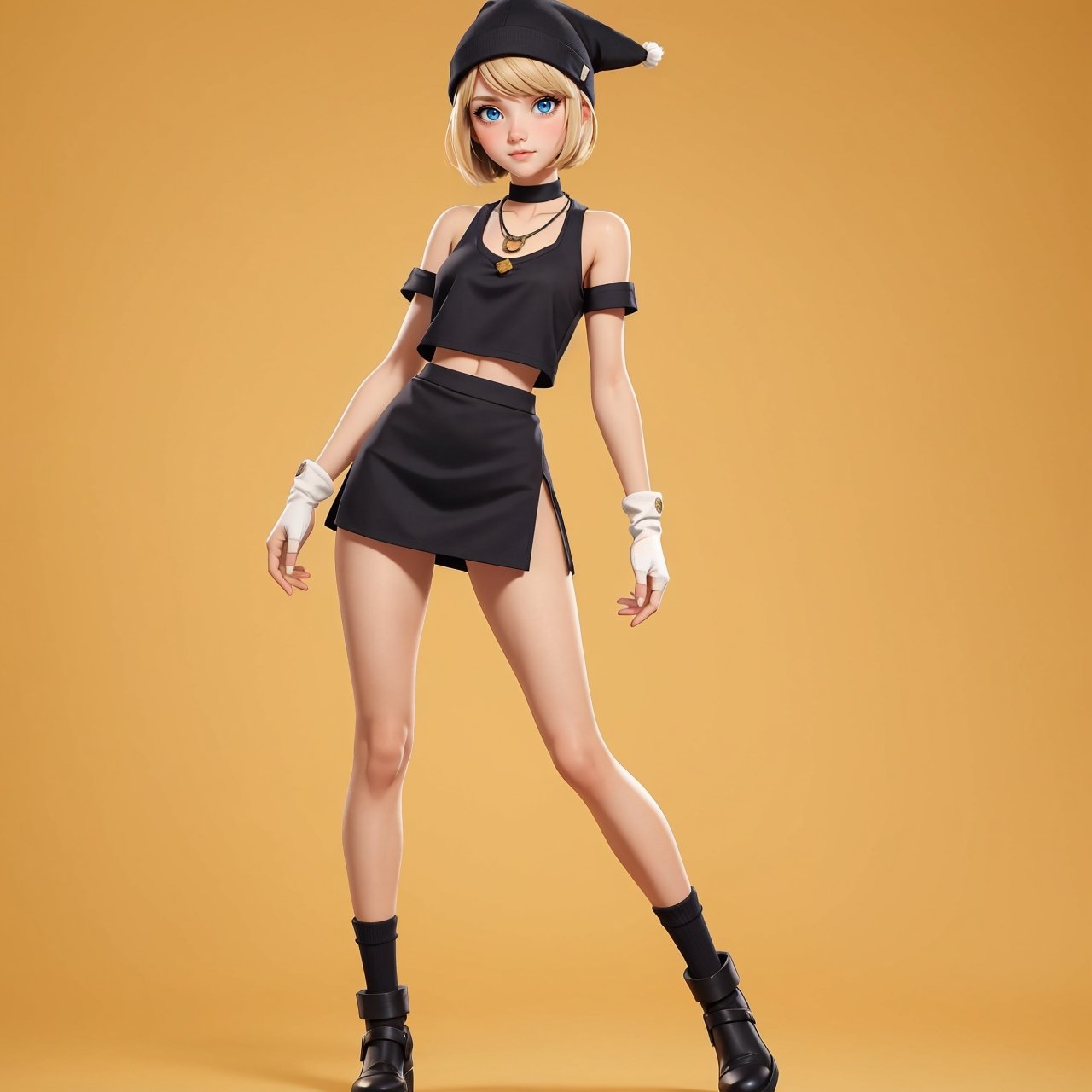 character sheet, good hands, full body, looking to the camera, good body, 19 year old body, sexy pose, full body, arcane style, yellow background, semi-long blonde straight bob style hair, black fabric necklace, thin legs, white skin color, novelty festival beanie with sock ears in black, teen girl