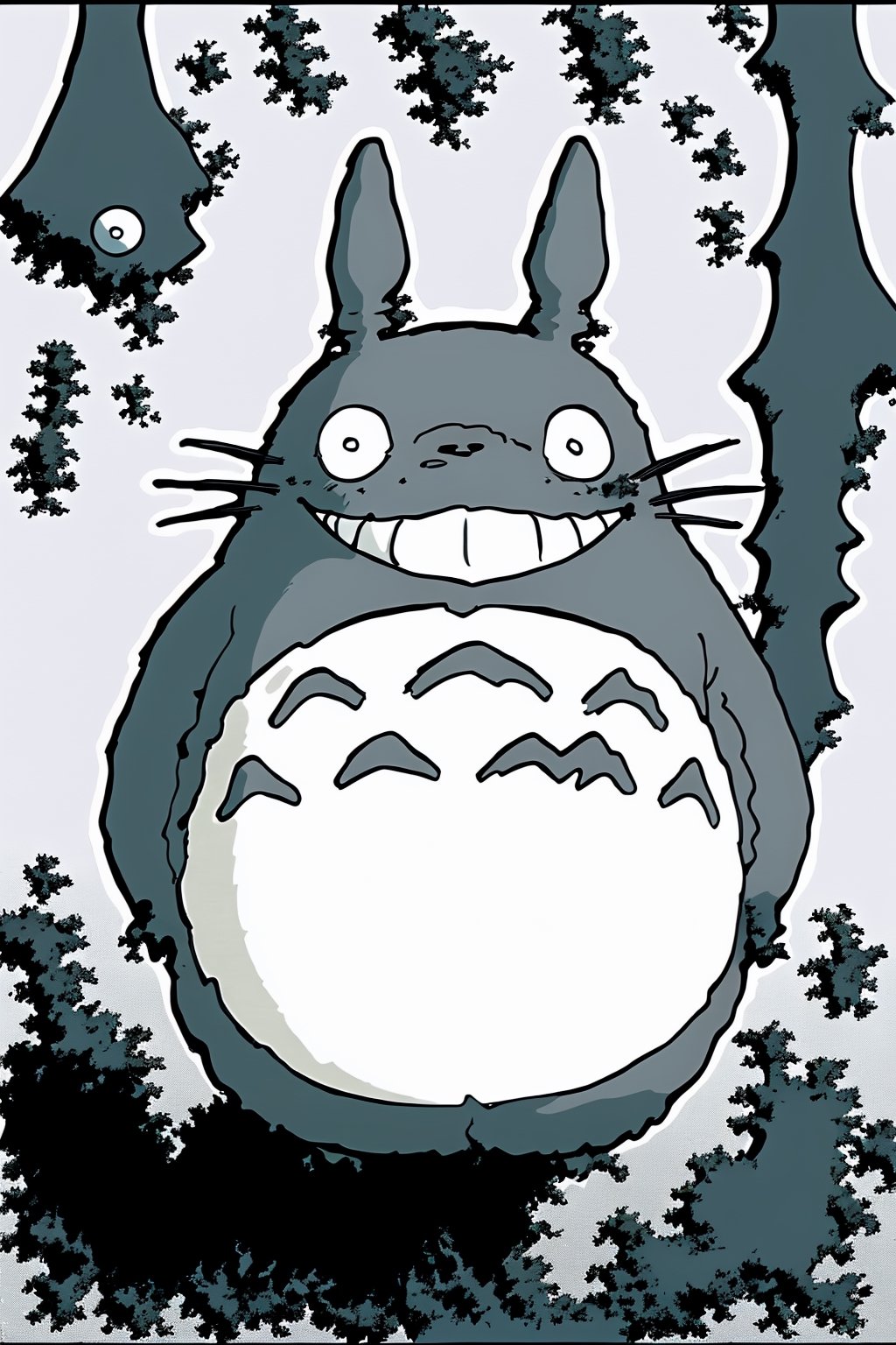 totoro smiling ,black and white,creepy