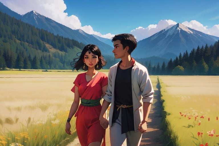 couple, holding hands,indian  skin,cinematic, in the moutains, perfect eyes,perfect face,perfect lips,walking in the field,indian skin,black hair