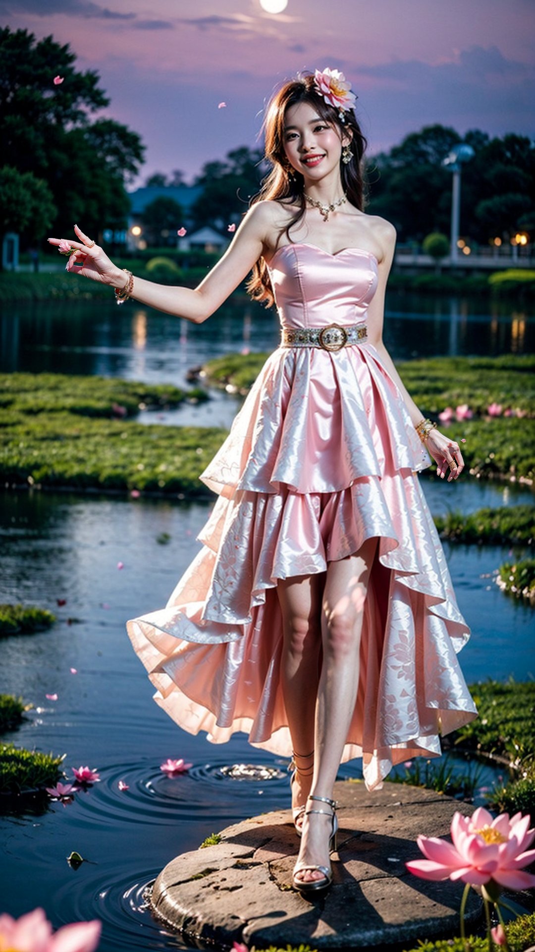 Beneath the ethereal glow of moonlight, a vision of elegance emerged by the lotus pond: Clad in a (short powder pink skirt:1.3) that hugged her figure, adorned with a delicate (waist belt:1.2) and (glistening jewelry:1.3), her (cascading hair:1.3) danced in the breeze. Layers of her skirt fluttered like (lotus petals:1.2) as her laughter echoed, creating a picturesque scene