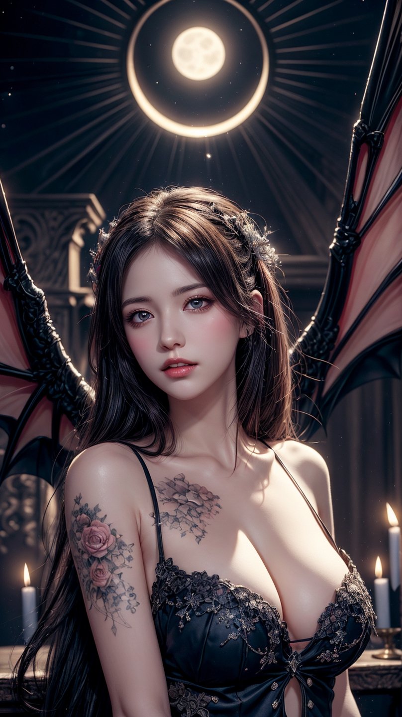 A gothic vampire sexy hot with bat wings. She has sharck teeth. Her skin is white with tatoos.(fantasy illustration:1.3), enchanting gaze, captivating pose, delicate wings, otherworldly charm, mystical sky, (Luis Royo:1.2), (Yoshitaka Amano:1.1), moonlit night, soft colors, (detailed cloudscape:1.3), (high-resolution:1.2).Church interior with candles. Moonlight trough church windows.
,colorful_girl_v2