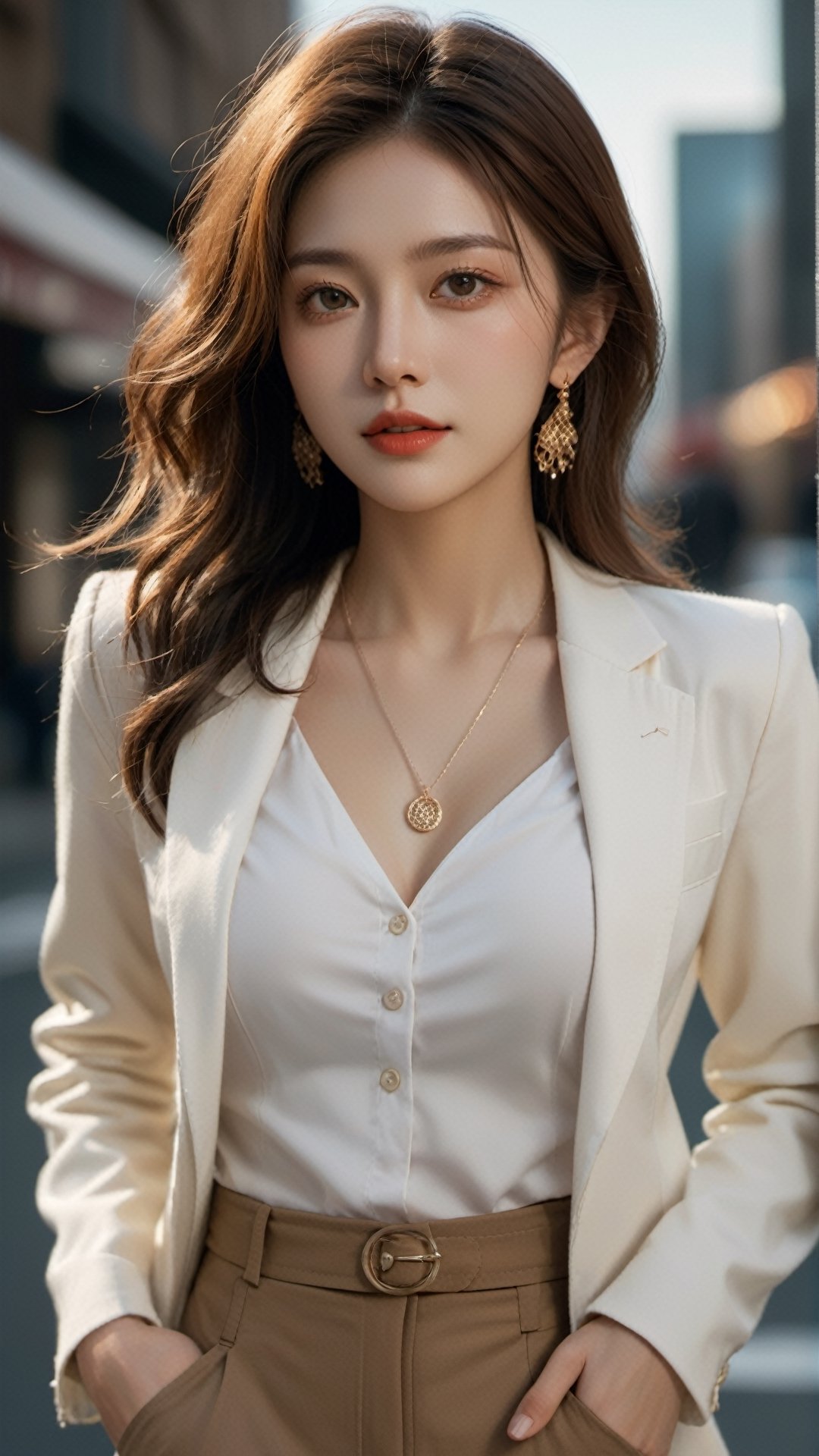 (masterpiece, Best Quality, photorealistic, ultra-detailed, finely detail, high resolution, 8K wallpaper), 1 beautiful woman, standing in the city, earrings, necklace, smiling happily, light-brown messy long hair, in black business suit, white collared shirt, unbuttoned, sharp-focus, large-sized breasts, perfect dynamic composition, beautiful detailed eyes, detailed hair, detailed realistic skin texture, a cover of a fashion magazine, professional photography, ,xxmix_girl