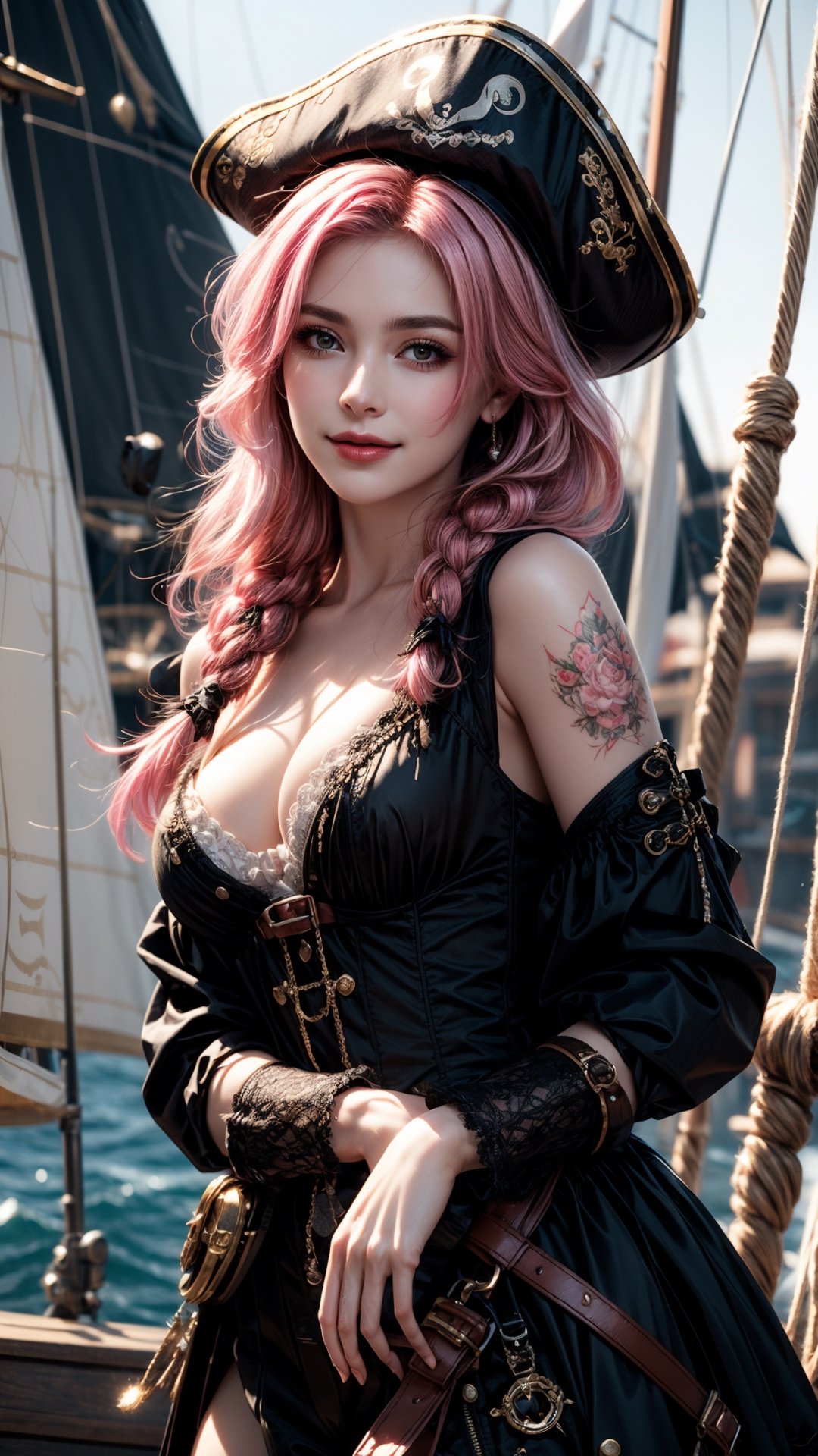 analog style, photo of a girl, (1girl, pirate girl), catears, furious expression, smile face, ( pink hair braid), ((pretty face: 1.7, perfect face:1.5)),(huge breasts), pale skin, shinny skin, cross tattoo, scar, white clothes, pirate clothes, pirate hat, leaning on the mast, gesturing hands, sword, pirate ship, sea, 8k, 3d, (best quality:1.5, hyperrealistic:1.5, photorealistic:1.4, madly detailed CG unity 8k wallpaper:1.5, masterpiece:1.3, madly detailed photo:1.2), (hyper-realistic lifelike texture:1.4, realistic eyes:1.2), (octane render, unreal engine 5)