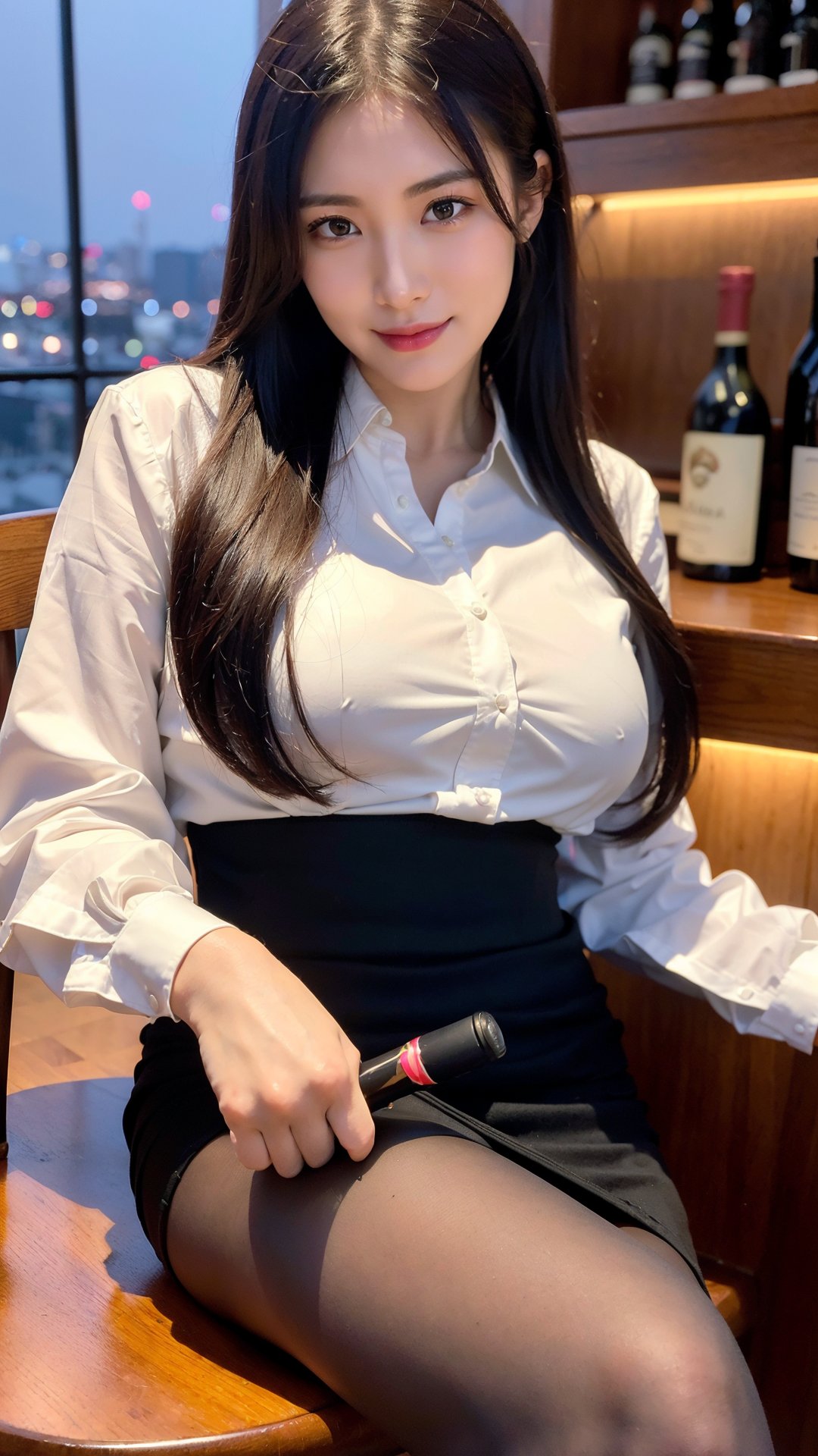 (8k, best quality, masterpiece:1.2), (realistic, photo-realistic:1.37), ultra-detailed,depth of field,, (closed mouth), (light smile:1.2), (expressive hair:1.2), (floating hair:1.2), (collared shirt:1.2), (button), (black pantyhose:1.2), (pencil skirt:1.2), high heels,busty, vivacious and seductive, (only one girl:1.2), (indoors:1.2), (discotheque:1.3), (neon lamp:1.2), (sitting in front of the bar:1.2), (sitting on a bar chair:1.2), (holding a wine glasses:1.2), (dim the lights:1.2),(sitting:1.2), (slender), (slender legs), (long legs:1.3), shiny skin, nose blush, (facing viewer), (detailed fingers)