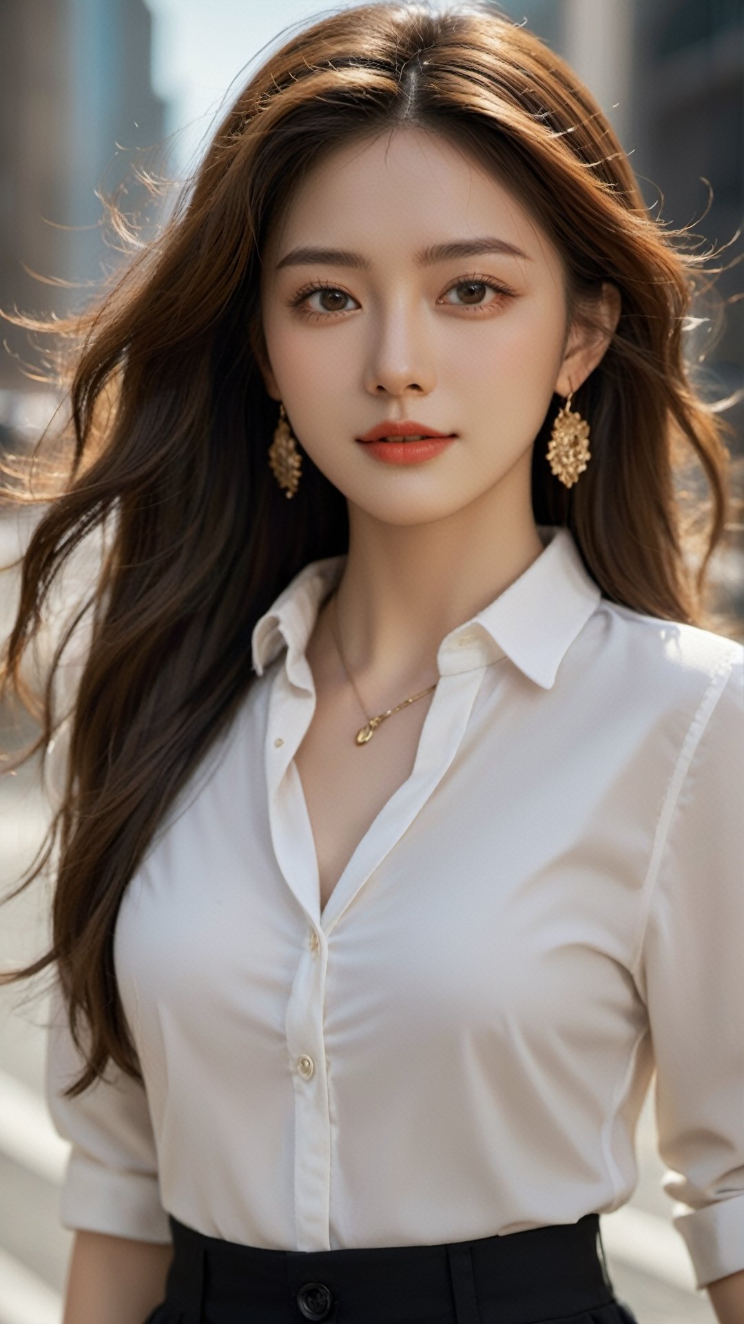 (masterpiece, Best Quality, photorealistic, ultra-detailed, finely detail, high resolution, 8K wallpaper), 1 beautiful woman, standing in the city, earrings, necklace, smiling happily, light-brown messy long hair, in black business suit, white collared shirt, unbuttoned, sharp-focus, large-sized breasts, perfect dynamic composition, beautiful detailed eyes, detailed hair, detailed realistic skin texture, a cover of a fashion magazine, professional photography, ,xxmix_girl