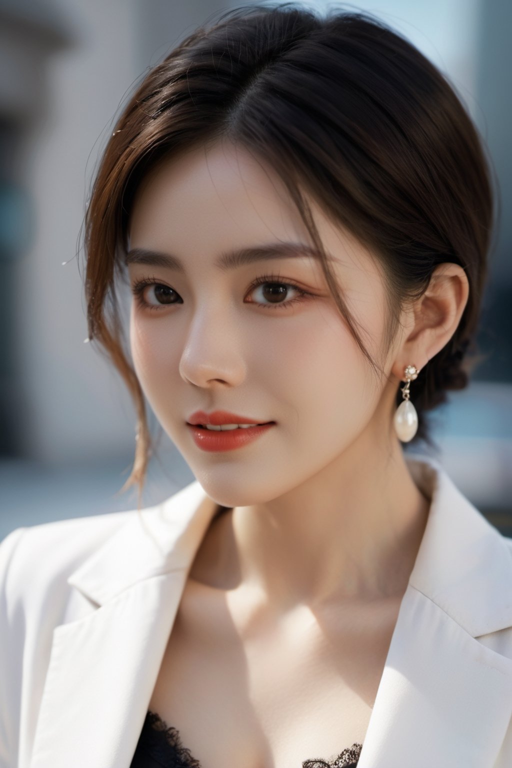 (masterpiece, Best Quality, photorealistic, ultra-detailed, finely detail, high resolution, 8K wallpaper), 1 beautiful woman, standing in the city, earrings, necklace, smiling happily, light-brown messy long hair, in black business suit, white collared shirt, unbuttoned, sharp-focus, large-sized breasts, perfect dynamic composition, beautiful detailed eyes, detailed hair, detailed realistic skin texture, a cover of a fashion magazine, professional photography, ,xxmix_girl