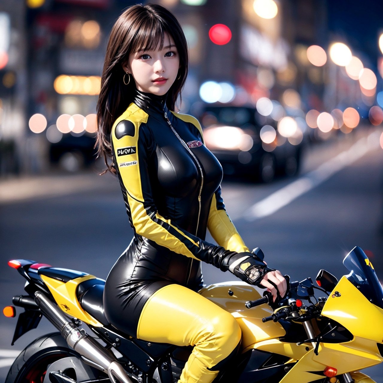 1 girl, very bright backlighting, solo, {beautiful and detailed eyes}, large breasts, dazzling moonlight, calm expression, natural and soft light, hair blown by the breeze, delicate facial features, Blunt bangs, beautiful korean girl, eye smile, very small earrings, (girl is riding a yellow 400cc racingmotorcycle:1.3) ,(wearing a black ridersuit:1.3),Both hands are gripping the handle. a racingmotorcycle is driving at 100 kilometer per hour.,23yo, film grain, realhands,blurry_light_background