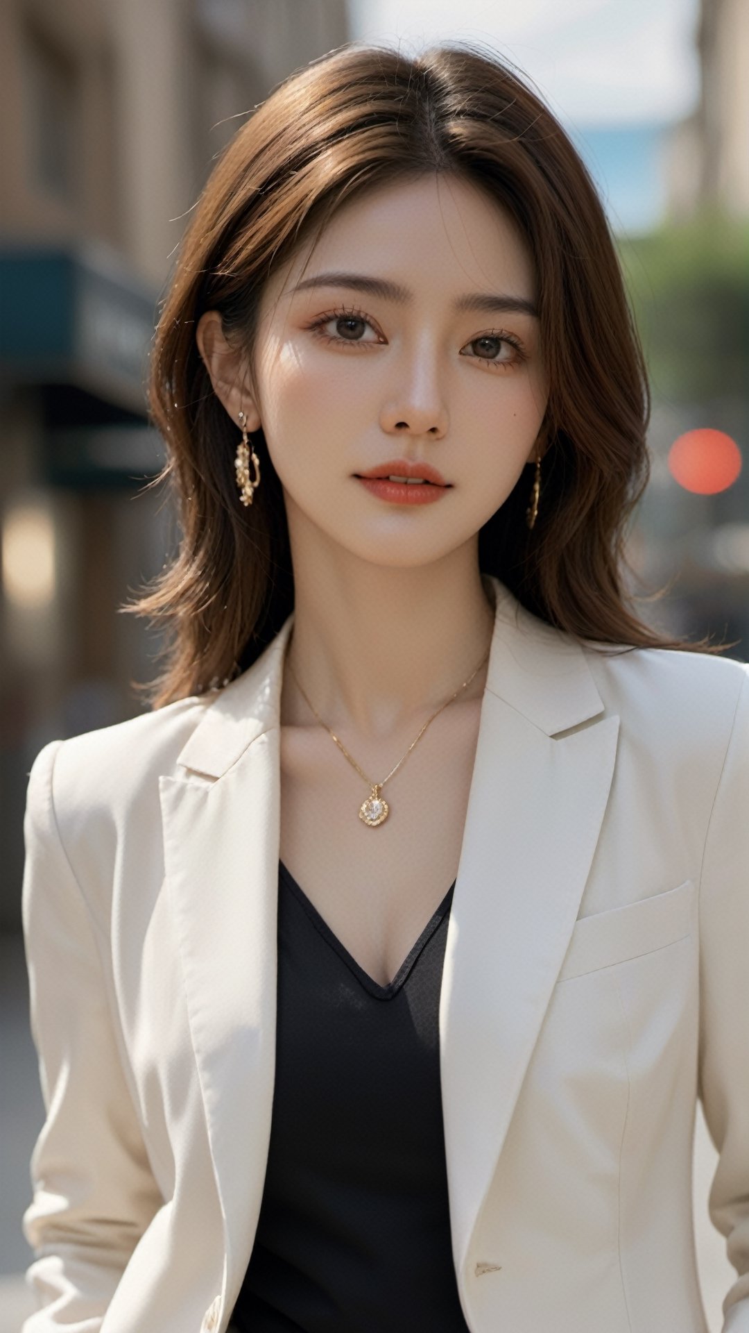 (masterpiece, Best Quality, photorealistic, ultra-detailed, finely detail, high resolution, 8K wallpaper), 1 beautiful woman, standing in the city, earrings, necklace, smiling happily, light-brown messy long hair, in black business suit, white collared shirt, unbuttoned, sharp-focus, large-sized breasts, perfect dynamic composition, beautiful detailed eyes, detailed hair, detailed realistic skin texture, a cover of a fashion magazine, professional photography, ,xxmix_girl