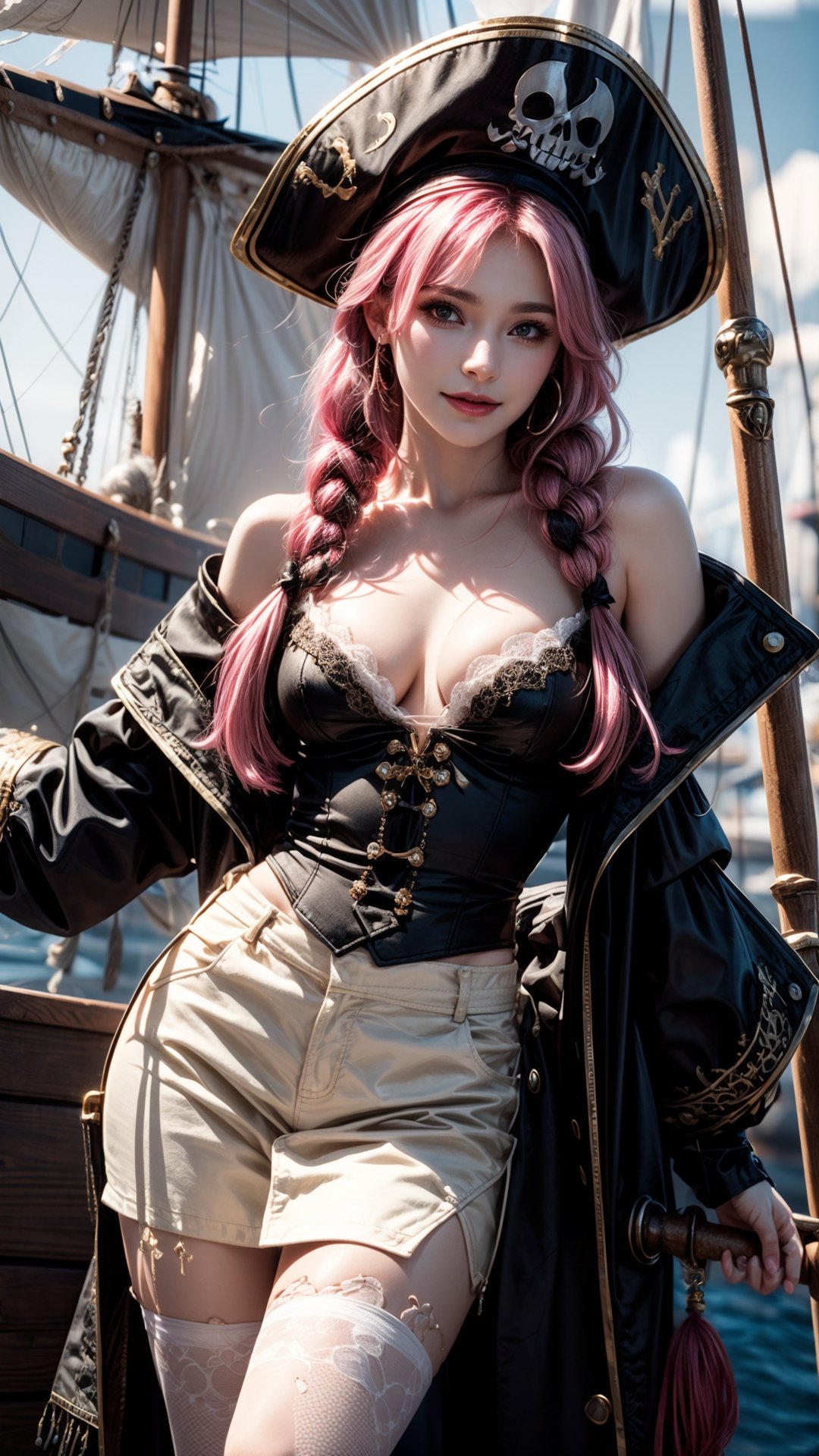 analog style, photo of a girl, (1girl, pirate girl), catears, furious expression, smile face, ( pink hair braid), ((pretty face: 1.7, perfect face:1.5)),(huge breasts), pale skin, shinny skin, cross tattoo, scar, white clothes, pirate clothes, pirate hat, leaning on the mast, gesturing hands, sword, pirate ship, sea, 8k, 3d, (best quality:1.5, hyperrealistic:1.5, photorealistic:1.4, madly detailed CG unity 8k wallpaper:1.5, masterpiece:1.3, madly detailed photo:1.2), (hyper-realistic lifelike texture:1.4, realistic eyes:1.2), (octane render, unreal engine 5)