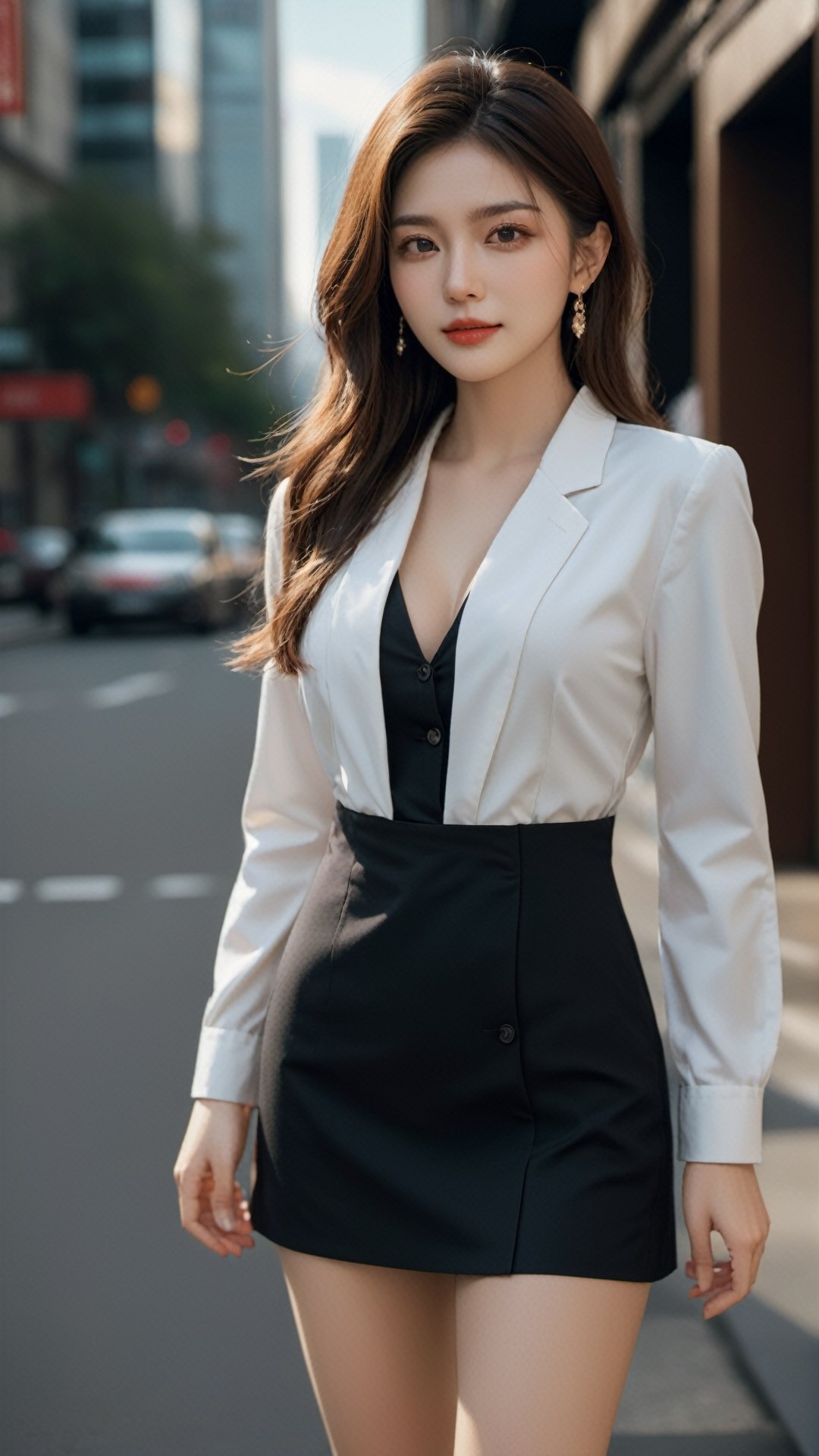 (masterpiece, Best Quality, photorealistic, ultra-detailed, finely detail, high resolution, 8K wallpaper), 1 beautiful woman, standing in the city, earrings, necklace, smiling happily, light-brown messy long hair, in black business suit, white collared shirt, unbuttoned, sharp-focus, large-sized breasts, perfect dynamic composition, beautiful detailed eyes, detailed hair, detailed realistic skin texture, a cover of a fashion magazine, professional photography, ,xxmix_girl