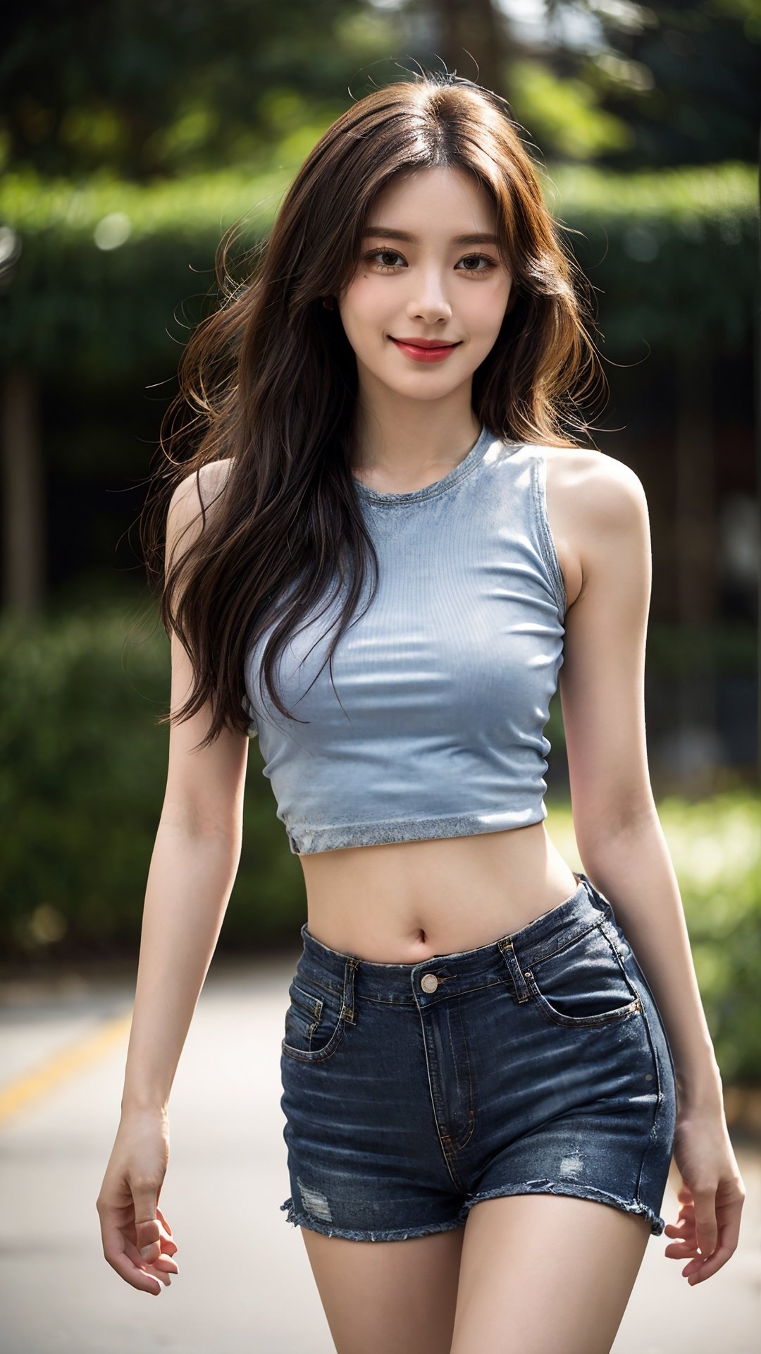 masterpiece, best quality, photorealistic, raw photo, 1girl, beautiful face, light smile, long hair, crop top shirt, navel, midriff, open denim shorts, sneakers, fullbody_view, walking on public park, intricate detailed, alluring face, detailed skin, pore, detailed background, finely detailed, dslr