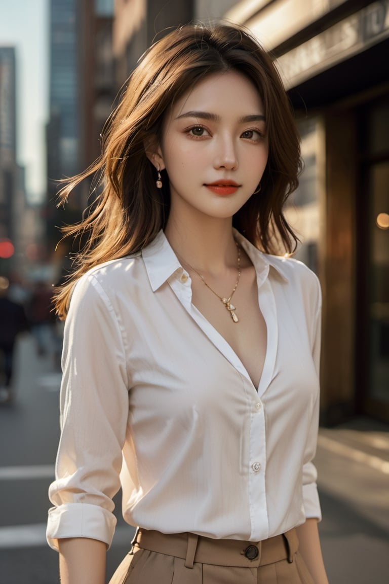 (masterpiece, Best Quality, photorealistic, ultra-detailed, finely detail, high resolution, 8K wallpaper), 1 beautiful woman, standing in the city, earrings, necklace, smiling happily, light-brown messy long hair, in black business suit, white collared shirt, unbuttoned, sharp-focus, large-sized breasts, perfect dynamic composition, beautiful detailed eyes, detailed hair, detailed realistic skin texture, a cover of a fashion magazine, professional photography, ,xxmix_girl