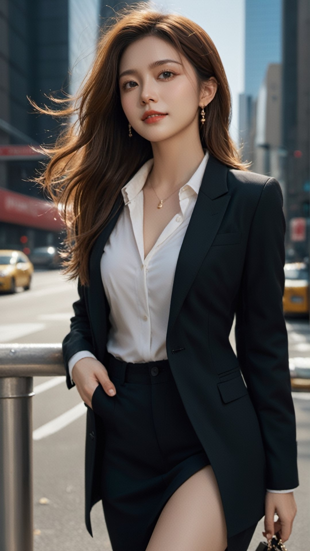 (masterpiece, Best Quality, photorealistic, ultra-detailed, finely detail, high resolution, 8K wallpaper), 1 beautiful woman, standing in the city, earrings, necklace, smiling happily, light-brown messy long hair, in black business suit, white collared shirt, unbuttoned, sharp-focus, large-sized breasts, perfect dynamic composition, beautiful detailed eyes, detailed hair, detailed realistic skin texture, a cover of a fashion magazine, professional photography, ,xxmix_girl