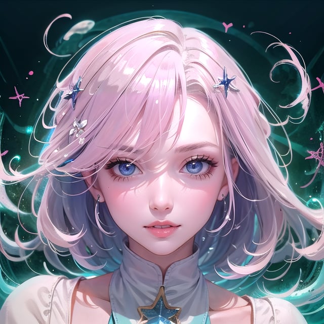 1 girl, shooting magical current with her hands, of colour blue and pink, happy face ,laghing, white detailed hairs ,iced eye brows ,light blue detailed eyes  ,redidh detailed nose .light pink detailed lips detailed curvy body,perfect face detailed face,milfication