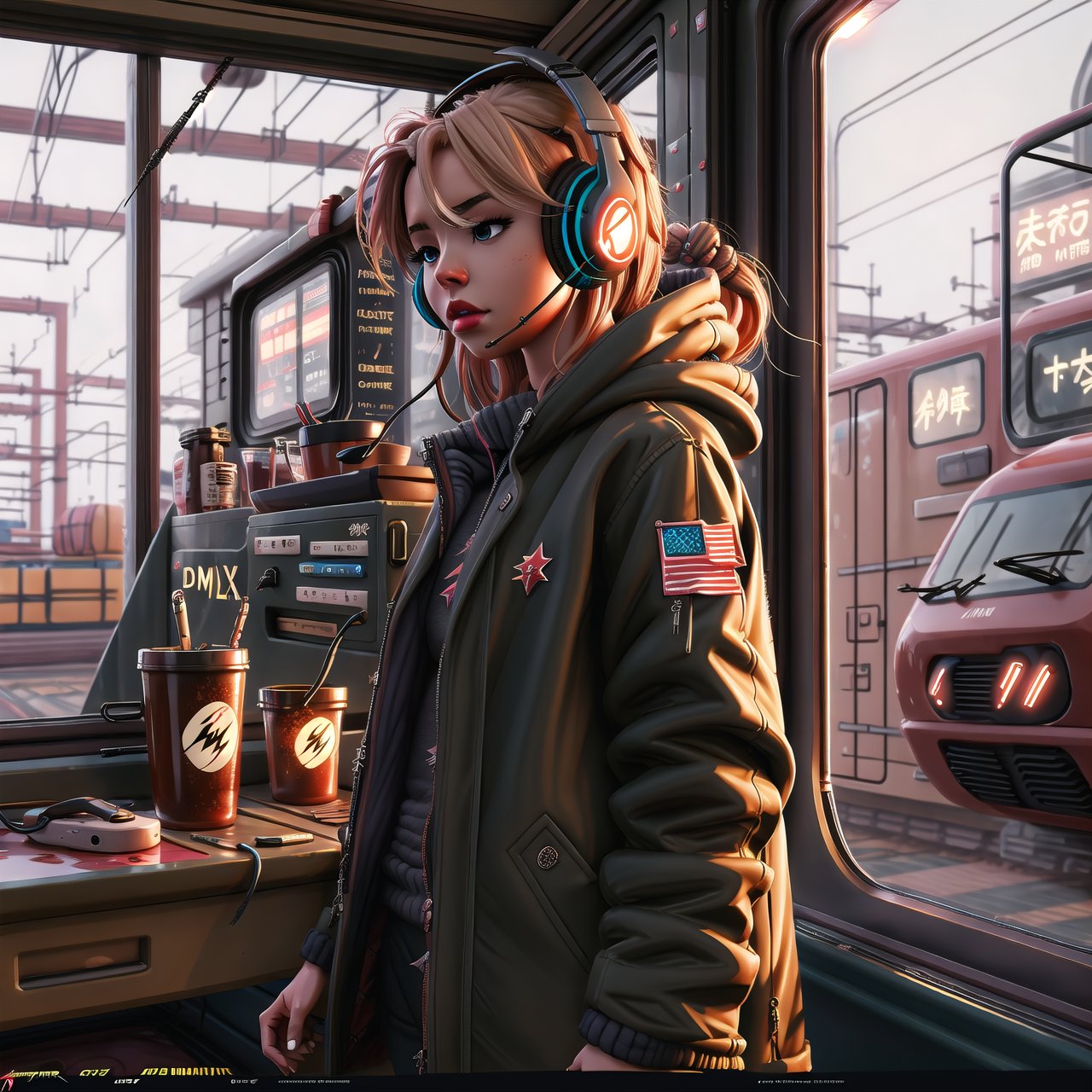 DonMl1ghtning,Homework Desk,Thick Coat CG Style,Game Scene 2088,GirlfriendMix_v1girl ,wearing headphone,in train ,in japan