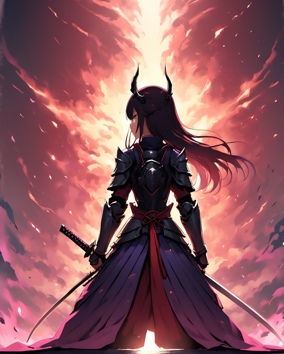 Imagine an exhilarating anime artwork reminiscent of a dynamic movie poster, featuring a fierce Japanese female samurai in the spotlight. Picture her in a powerful stance, donned in traditional yet stylish samurai armor, with a katana unsheathed and gleaming in the foreground. Visualize dramatic lighting casting dynamic shadows, highlighting the intensity in her eyes and the determination etched on her face. Surround her with elements that evoke the feudal era, such as cherry blossoms or a feudal castle, creating a backdrop that complements the narrative. Craft a compelling composition that captures the essence of this cinematic moment, promising an epic tale of bravery and honor.