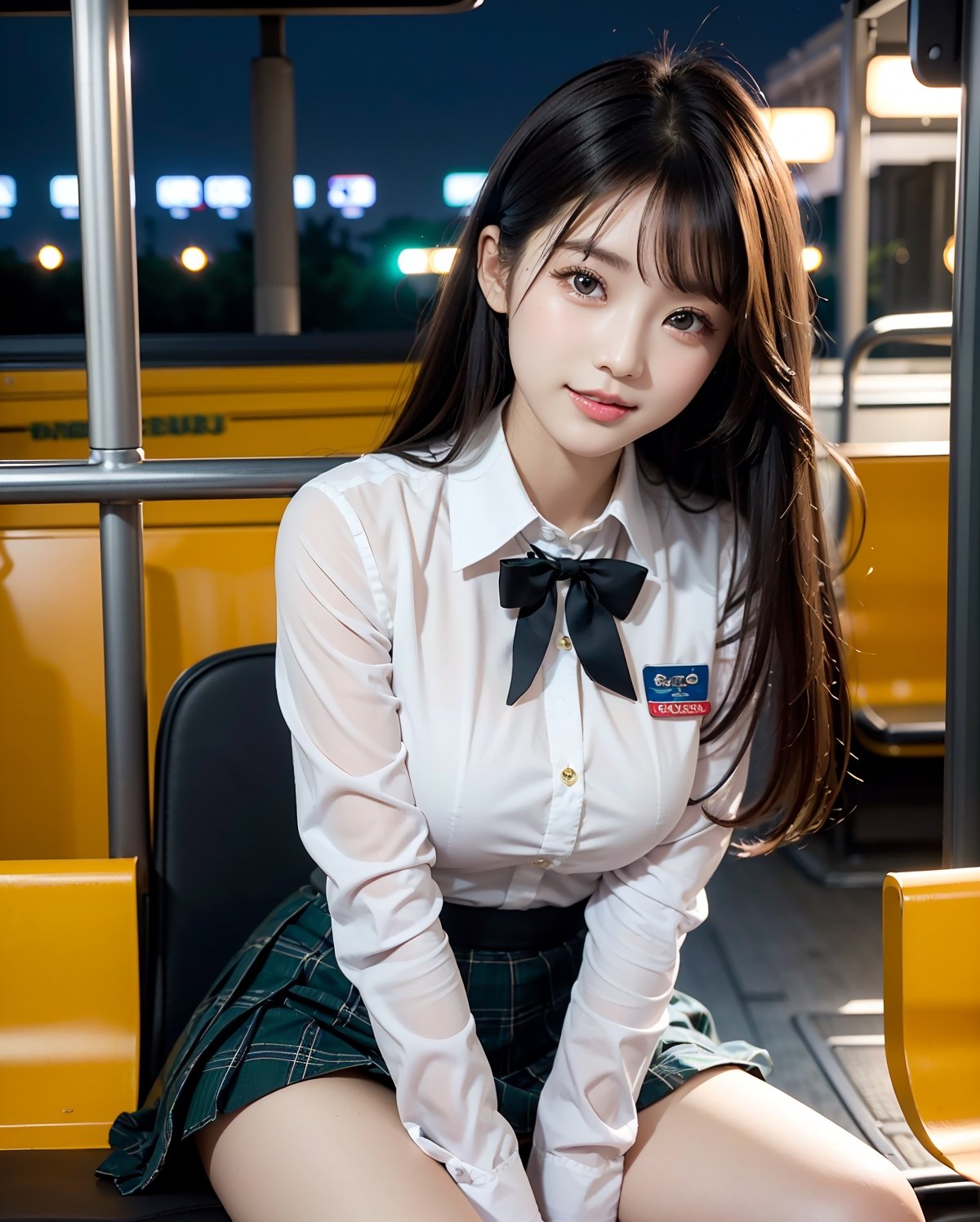 (upper body shot portrait:1.3), (extra long straight hair with parted bangs:1.3), (beautiful chiny black thin hair:1.3), ((centered image)), a stunning beautiful and busty woman, 20yo, 
BREAK, 
((Night bus:1.5)), (in the bus:1.5), (looking at the viewer:1.3), (sitting on the seat:1.4),(pose with hands between legs:1.3),(from above:1.0),(upturned eyes:1.3), 
BREAK,
 masterpiece, best quality, highres, baeautiful aesthetic, 1girl, Korean hot model, looking at viewer:1.3, (bright smile:1.2), wearing ((school uniform)),(blazer, collared shirt, plaid pattern printed pleated skirt), (green thme:1.3), realistic, busty,(narrow waist:1.3), (thin legs:1.3), professional gravure photo, parted lips, glossy juicy lips, pink lips, , Realism, photo of perfecteyes eyes,komi_sch