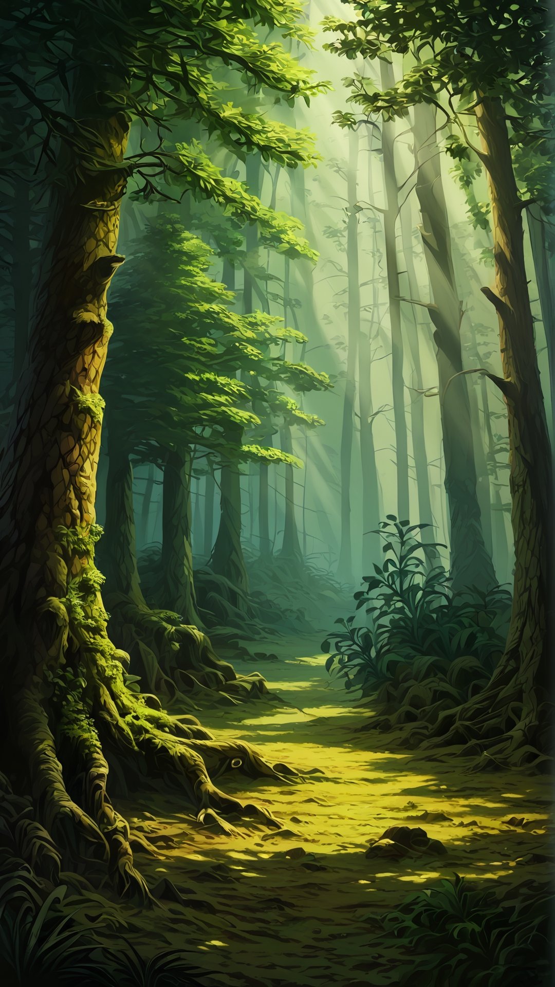 Create a captivating LOFI digital landscape illustration featuring a serene forest scene. Picture a dense forest bathed in the warm glow of the setting sun. Include elements like tall trees with lush green foliage, a cozy cabin nestled among the trees, and soft rays of sunlight filtering through the branches. Emphasize the peaceful atmosphere with gentle shadows and a serene color palette. Capture the tranquility and beauty of nature in the golden hour, highlighting the harmony between the natural environment and human habitation. Use subtle textures and a nostalgic vibe to enhance the LOFI aesthetic, creating a timeless and soothing artwork.