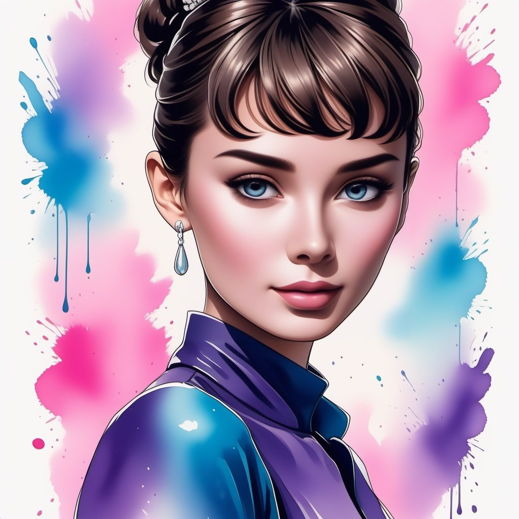 ink art, a beautiful caucasian girl, Audrey Hepburn, anime style, smiling with style, dynamic poses, ultra colorfull, white background, details, clean, masterpiece,,,art_booster,,<lora:659095807385103906:1.0>