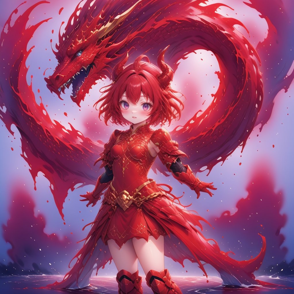 1dragon girl, ,pastel color painting, wearing a red dragon armor with small gold detailed, watern dragon ,,,ani_booster,<lora:659095807385103906:1.0>