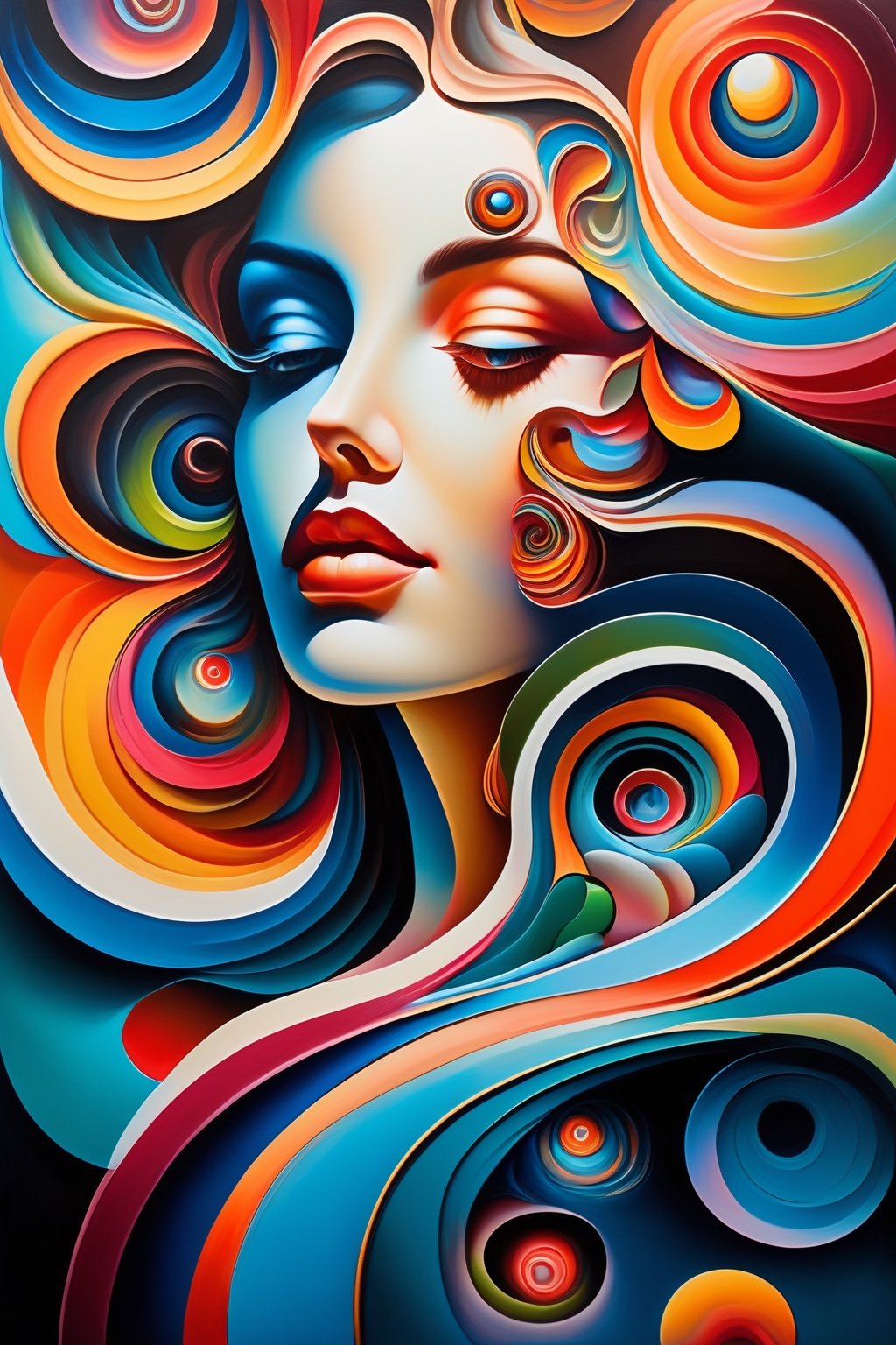 A captivating dreamlike painting featuring a woman as the central figure amidst a swirling kaleidoscope of colors and abstract shapes. The woman's features blend seamlessly with the landscape, showcasing the interconnectedness of all things. Her eyes, a vivid blue, draw the viewer into a world of surrealism and modernism. The brushstrokes, visible and bold, symbolize the fluidity of human experience, inviting onlookers to explore the depths of their unconscious mind and embrace the charm of the unknown. This contemporary work of art transcends boundaries, igniting the imagination and evoking a sense of wonder.